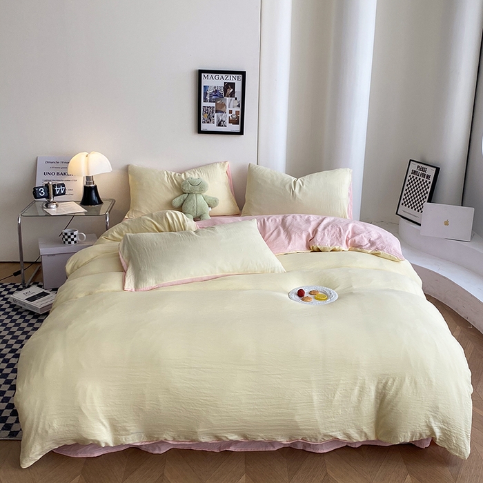 南通菲度家纺 2025新款超柔皱皱水洗棉纯色四件套 奶黄粉