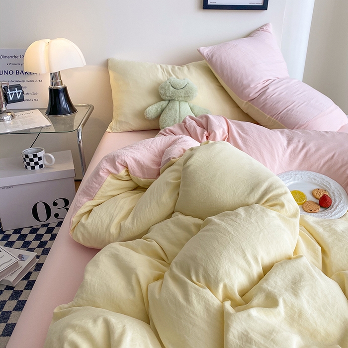 91家纺网 家纺一手货源 找家纺 南通菲度家纺 2025新款超柔皱皱水洗棉纯色四件套 奶黄粉