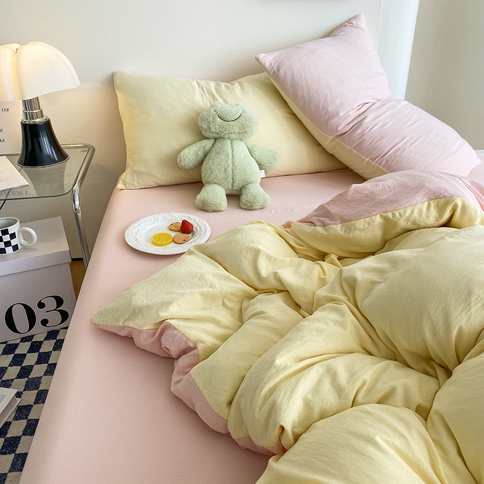 91家纺网 家纺一手货源 找家纺 南通菲度家纺 2025新款超柔皱皱水洗棉纯色四件套 奶黄粉