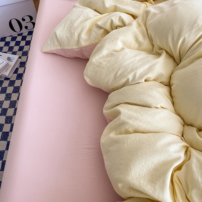 91家纺网 家纺一手货源 找家纺 南通菲度家纺 2025新款超柔皱皱水洗棉纯色四件套 奶黄粉