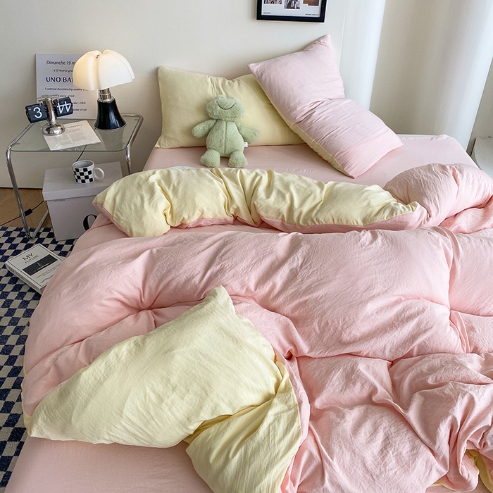 91家纺网 家纺一手货源 找家纺 南通菲度家纺 2025新款超柔皱皱水洗棉纯色四件套 奶黄粉