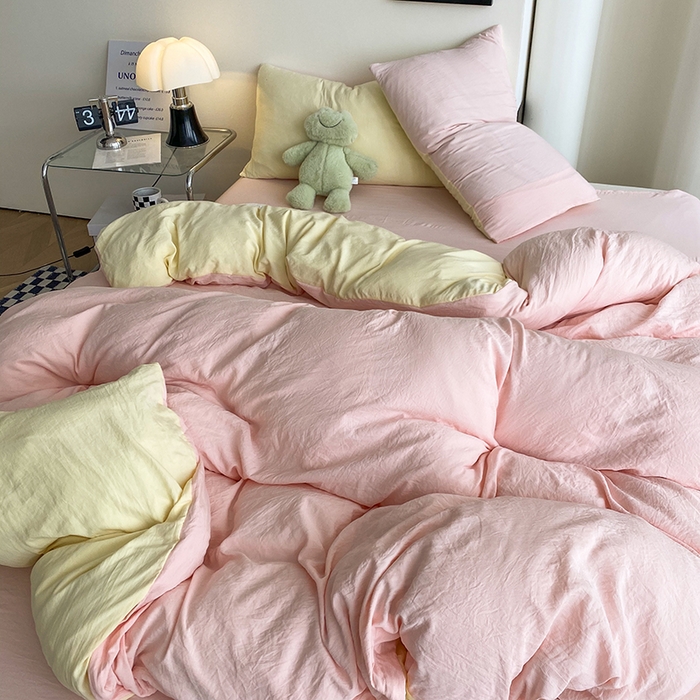 91家纺网 家纺一手货源 找家纺 南通菲度家纺 2025新款超柔皱皱水洗棉纯色四件套 奶黄粉