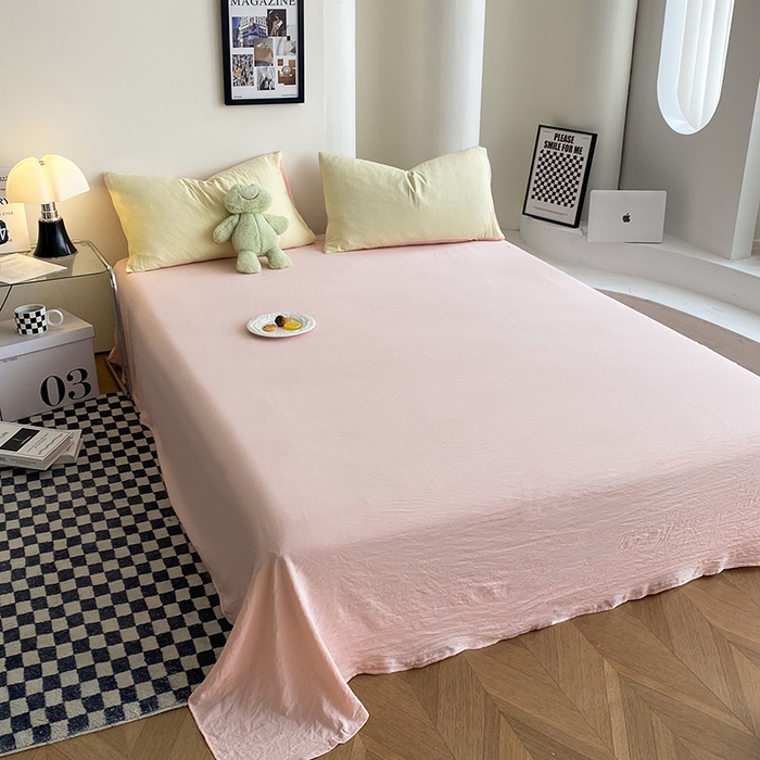 91家纺网 家纺一手货源 找家纺 南通菲度家纺 2025新款超柔皱皱水洗棉纯色四件套 奶黄粉