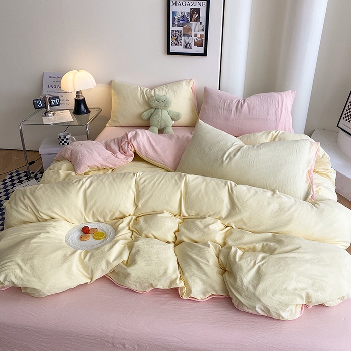 91家纺网 家纺一手货源 找家纺 南通菲度家纺 2025新款超柔皱皱水洗棉纯色四件套 奶黄粉