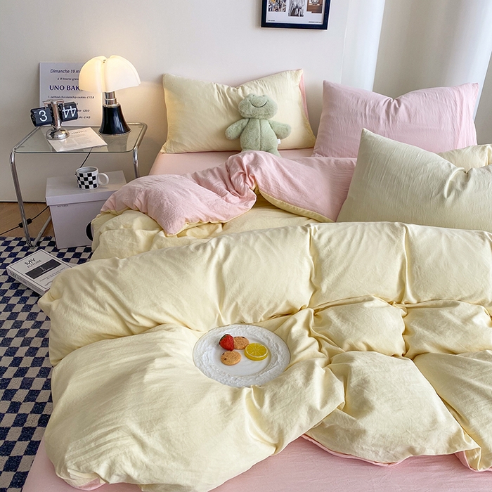 91家纺网 家纺一手货源 找家纺 南通菲度家纺 2025新款超柔皱皱水洗棉纯色四件套 奶黄粉