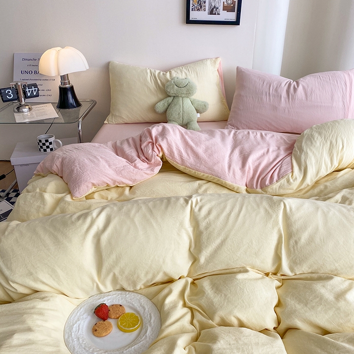 91家纺网 家纺一手货源 找家纺 南通菲度家纺 2025新款超柔皱皱水洗棉纯色四件套 奶黄粉