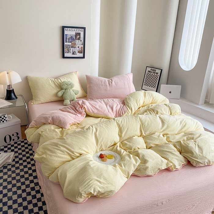 91家纺网 家纺一手货源 找家纺 南通菲度家纺 2025新款超柔皱皱水洗棉纯色四件套 奶黄粉