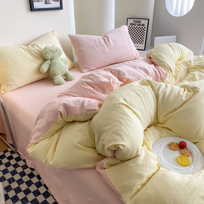 91家纺网 家纺一手货源 找家纺 南通菲度家纺 2025新款超柔皱皱水洗棉纯色四件套 奶黄粉