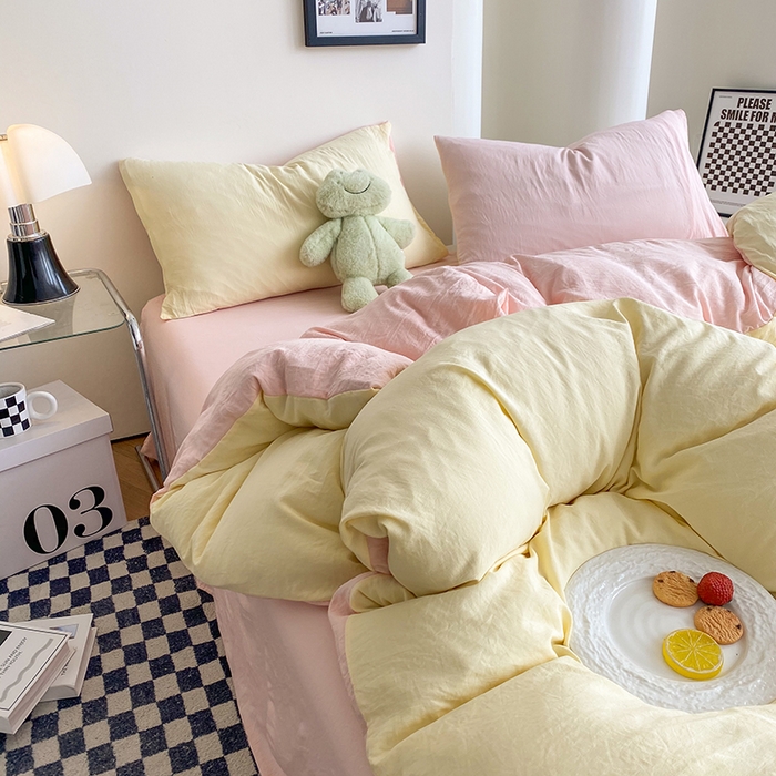 91家纺网 家纺一手货源 找家纺 南通菲度家纺 2025新款超柔皱皱水洗棉纯色四件套 奶黄粉