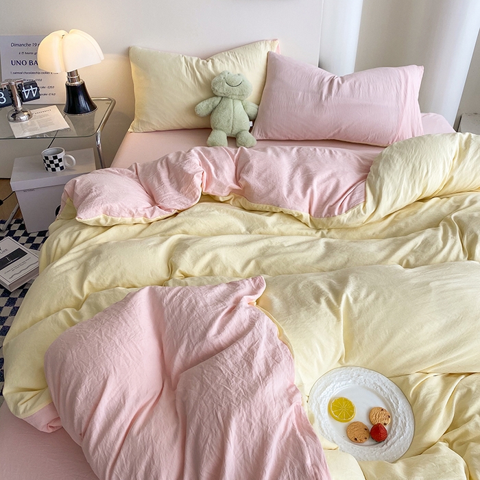 91家纺网 家纺一手货源 找家纺 南通菲度家纺 2025新款超柔皱皱水洗棉纯色四件套 奶黄粉