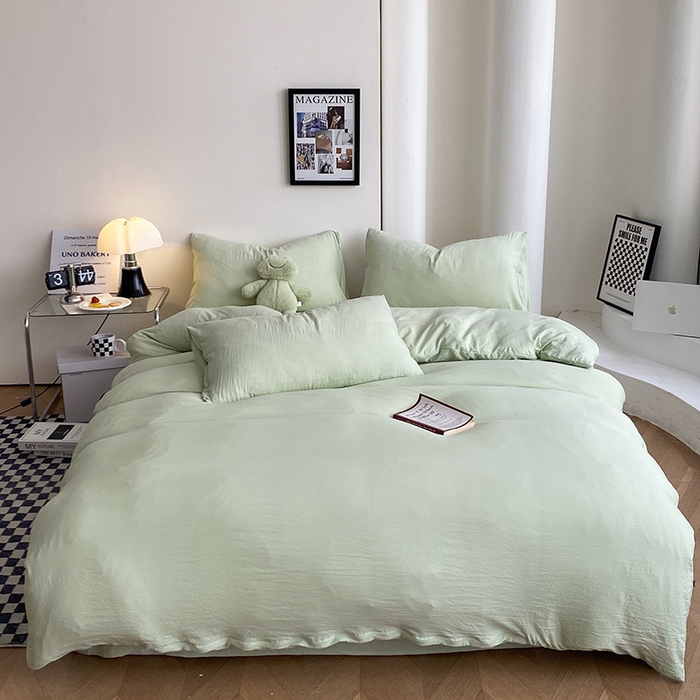 南通菲度家纺 2025新款超柔皱皱水洗棉纯色四件套 奶绿色