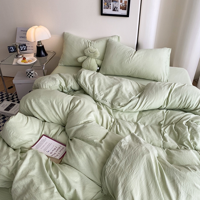 91家纺网 家纺一手货源 找家纺 南通菲度家纺 2025新款超柔皱皱水洗棉纯色四件套 奶绿色