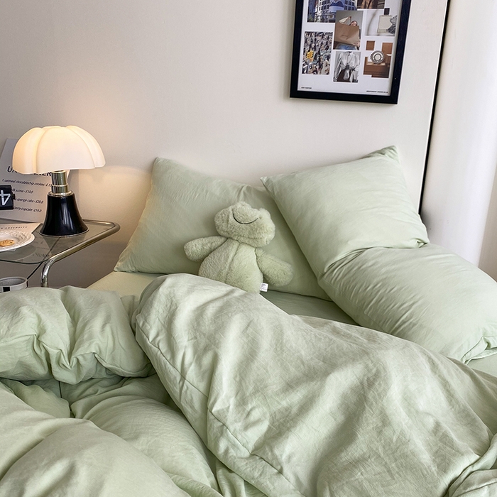 91家纺网 家纺一手货源 找家纺 南通菲度家纺 2025新款超柔皱皱水洗棉纯色四件套 奶绿色