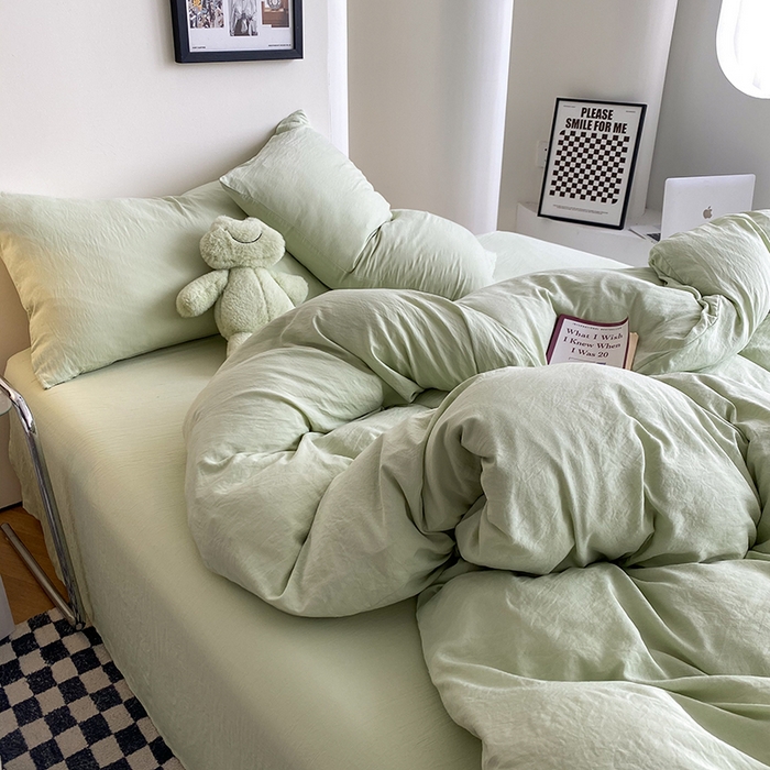 91家纺网 家纺一手货源 找家纺 南通菲度家纺 2025新款超柔皱皱水洗棉纯色四件套 奶绿色