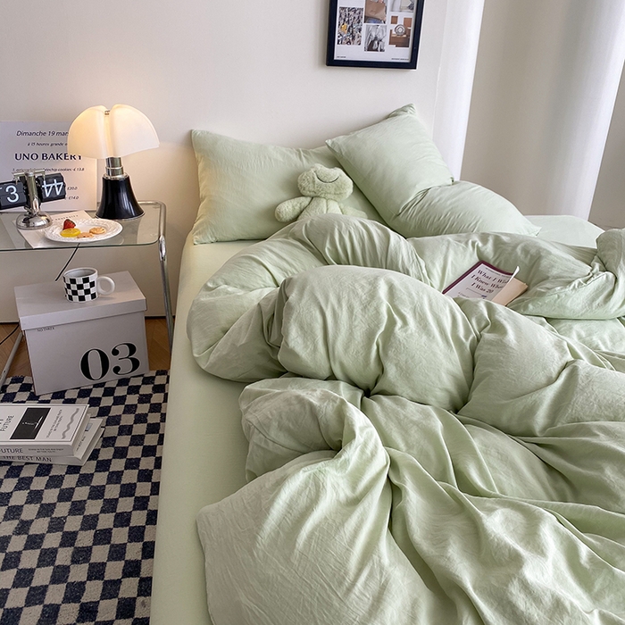 91家纺网 家纺一手货源 找家纺 南通菲度家纺 2025新款超柔皱皱水洗棉纯色四件套 奶绿色