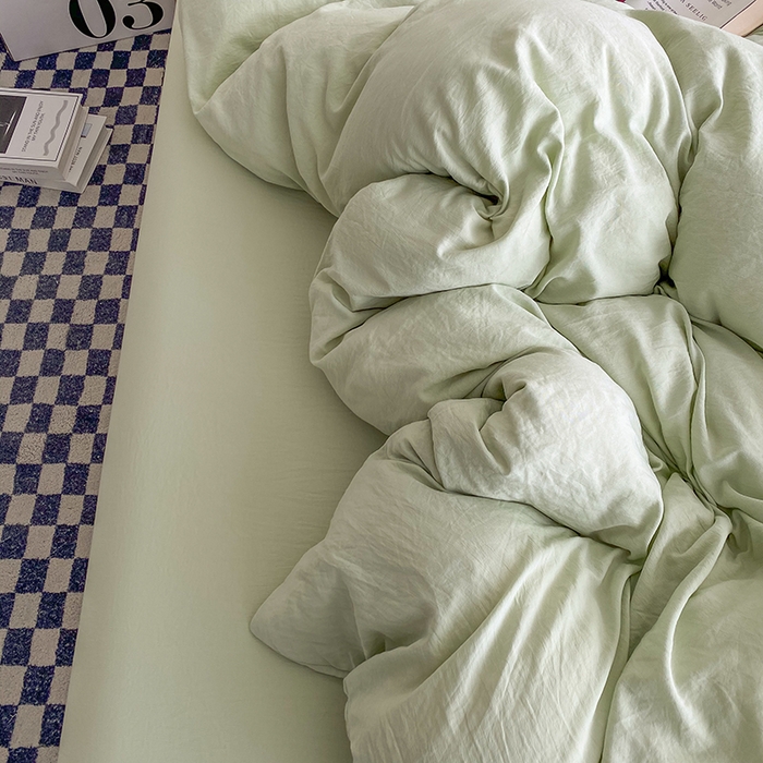 91家纺网 家纺一手货源 找家纺 南通菲度家纺 2025新款超柔皱皱水洗棉纯色四件套 奶绿色