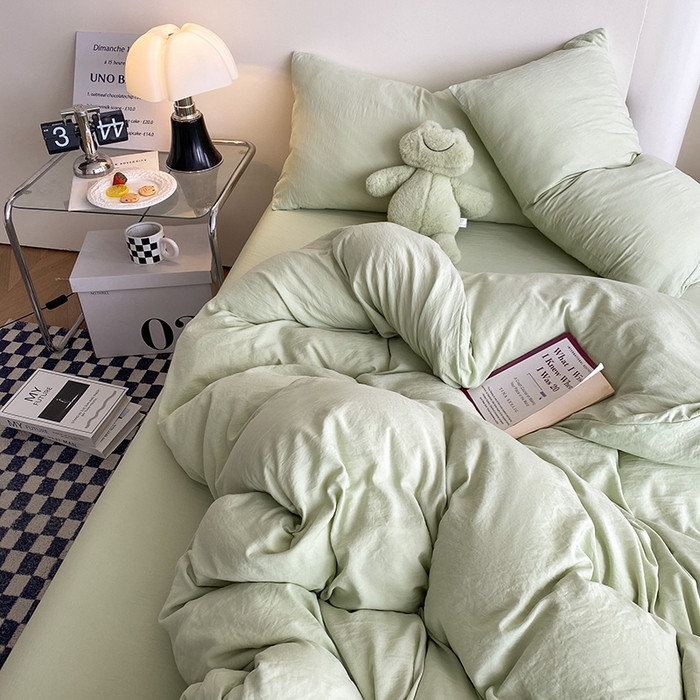 91家纺网 家纺一手货源 找家纺 南通菲度家纺 2025新款超柔皱皱水洗棉纯色四件套 奶绿色