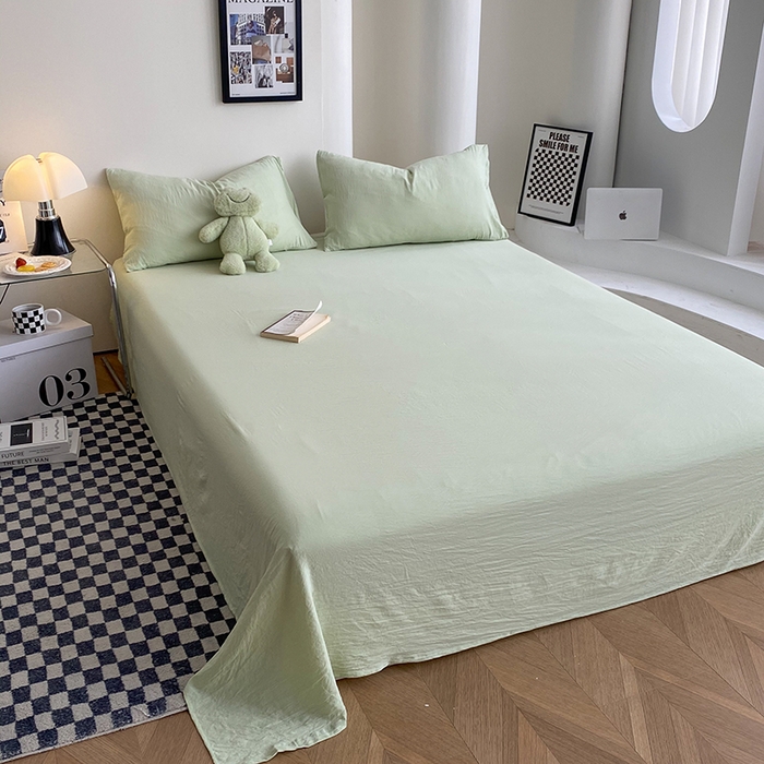 91家纺网 家纺一手货源 找家纺 南通菲度家纺 2025新款超柔皱皱水洗棉纯色四件套 奶绿色