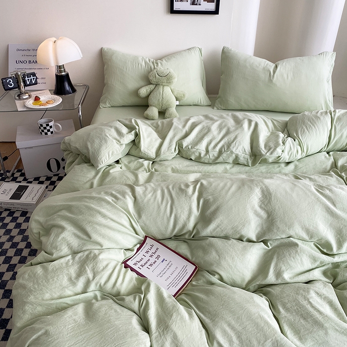 91家纺网 家纺一手货源 找家纺 南通菲度家纺 2025新款超柔皱皱水洗棉纯色四件套 奶绿色