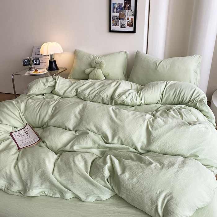 91家纺网 家纺一手货源 找家纺 南通菲度家纺 2025新款超柔皱皱水洗棉纯色四件套 奶绿色