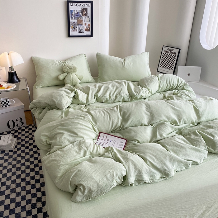 91家纺网 家纺一手货源 找家纺 南通菲度家纺 2025新款超柔皱皱水洗棉纯色四件套 奶绿色