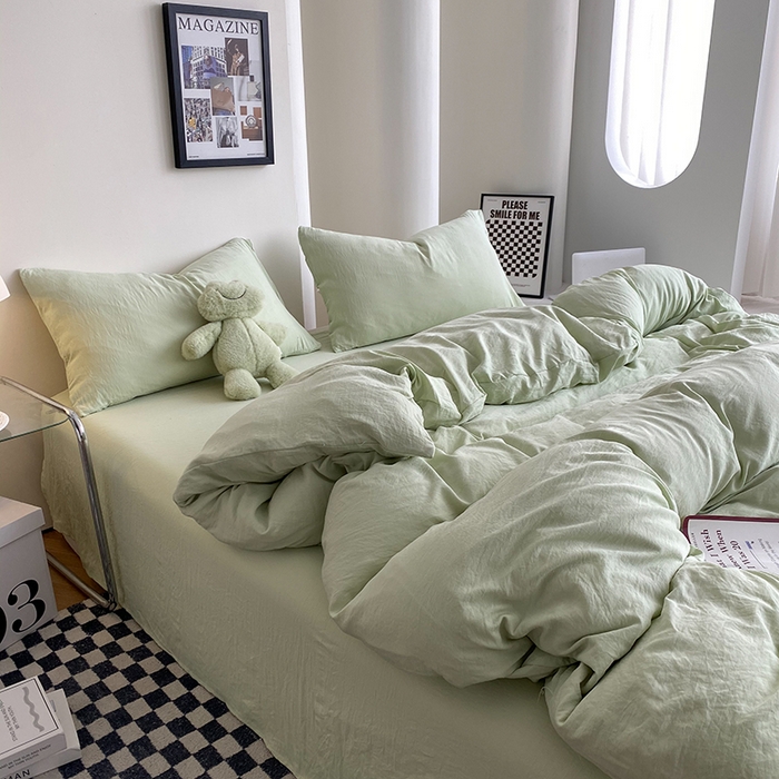 91家纺网 家纺一手货源 找家纺 南通菲度家纺 2025新款超柔皱皱水洗棉纯色四件套 奶绿色