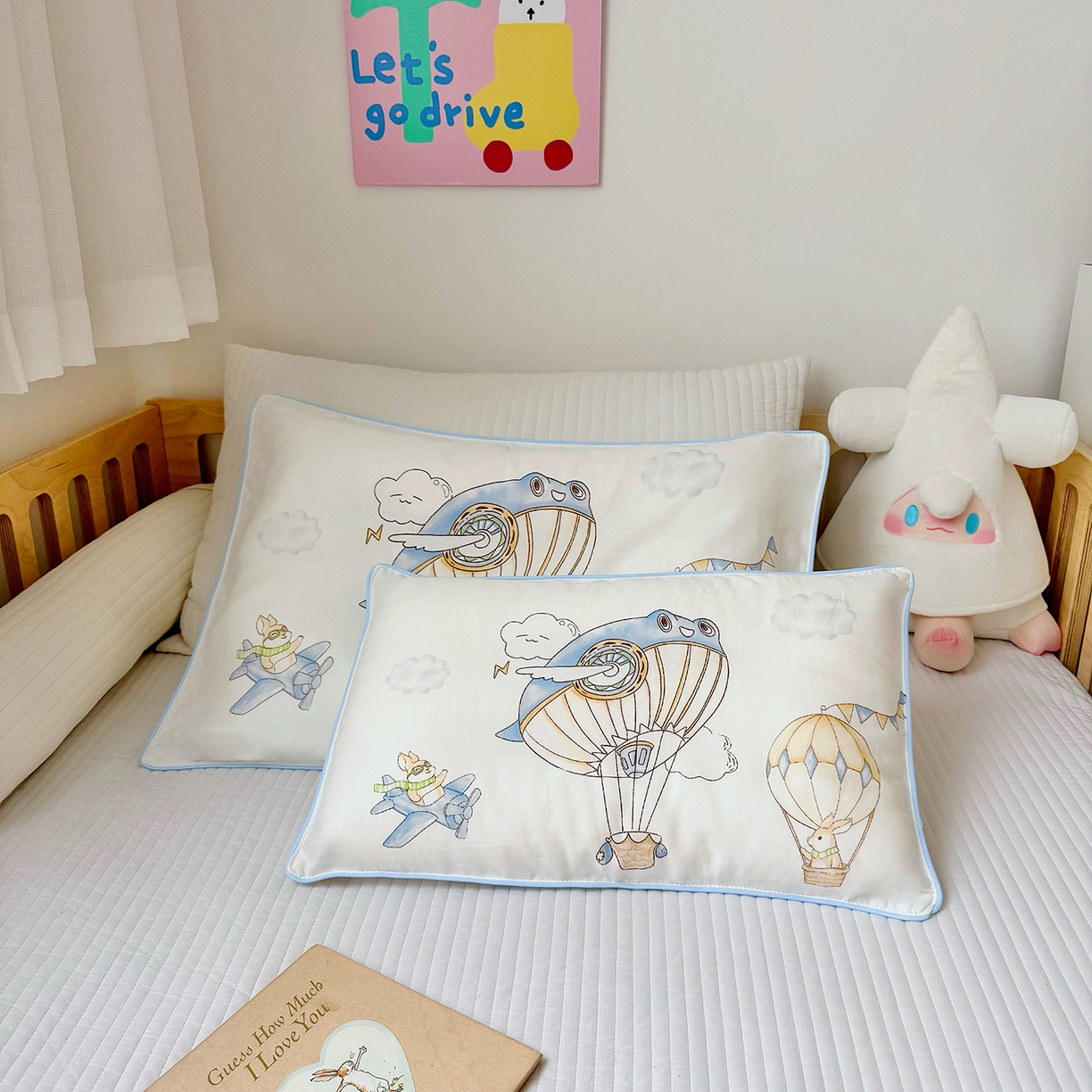 萌宝家纺 2025新款A类大版全棉儿童双层纱枕套纯棉宝宝纱布枕头 热气球