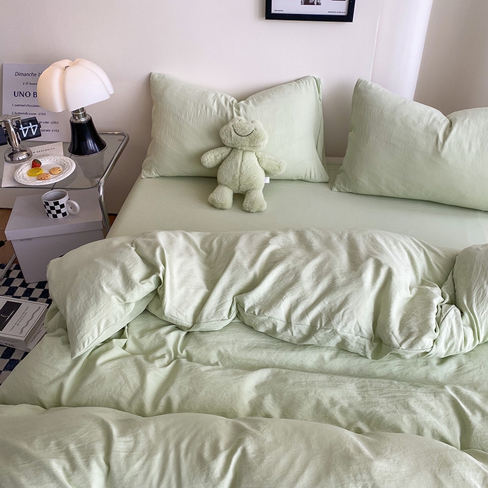 91家纺网 家纺一手货源 找家纺 南通菲度家纺 2025新款超柔皱皱水洗棉纯色四件套 奶绿色