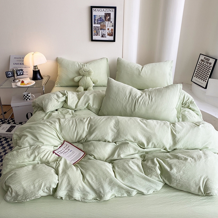 91家纺网 家纺一手货源 找家纺 南通菲度家纺 2025新款超柔皱皱水洗棉纯色四件套 奶绿色