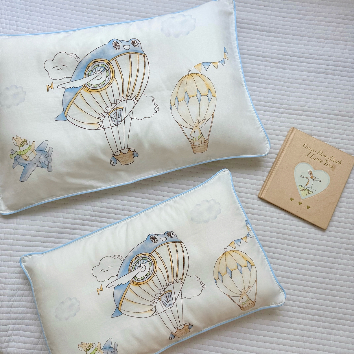 91家纺网 家纺一手货源 找家纺 萌宝家纺 2025新款A类大版全棉儿童双层纱枕套纯棉宝宝纱布枕头 热气球