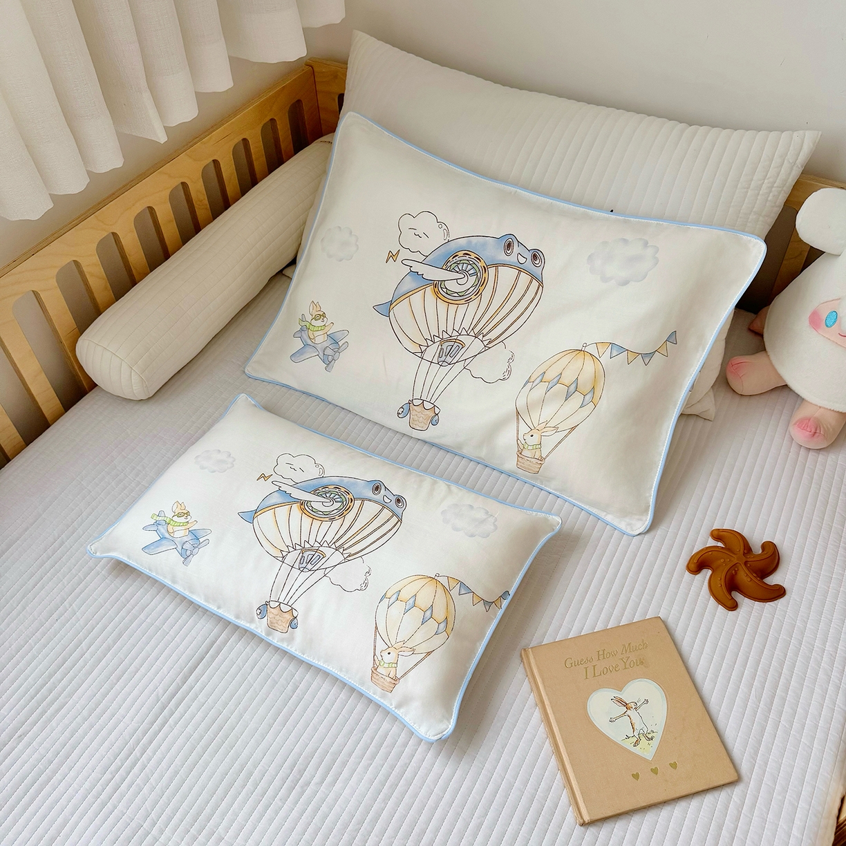 91家纺网 家纺一手货源 找家纺 萌宝家纺 2025新款A类大版全棉儿童双层纱枕套纯棉宝宝纱布枕头 热气球