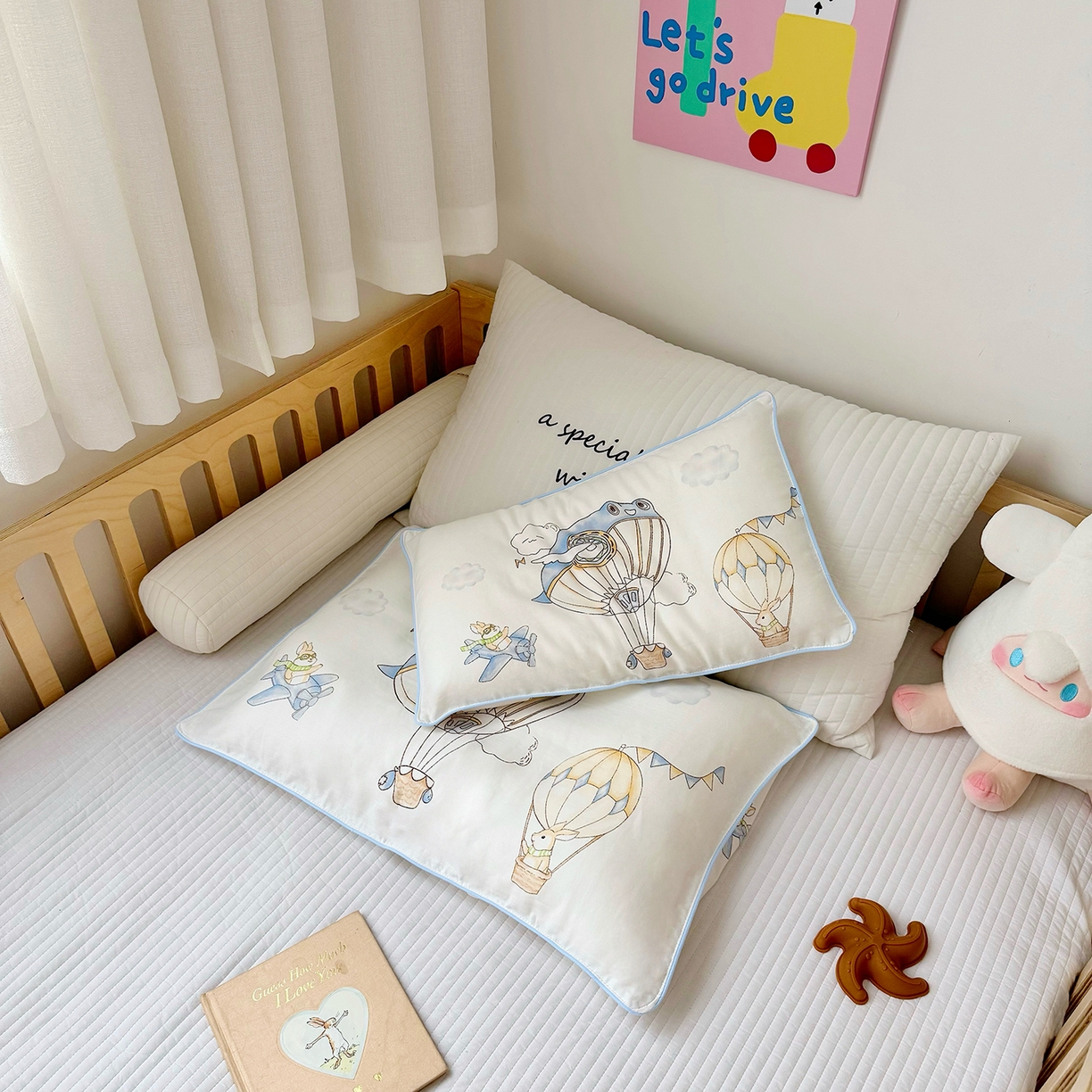 91家纺网 家纺一手货源 找家纺 萌宝家纺 2025新款A类大版全棉儿童双层纱枕套纯棉宝宝纱布枕头 热气球