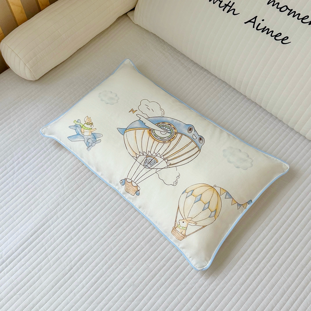 91家纺网 家纺一手货源 找家纺 萌宝家纺 2025新款A类大版全棉儿童双层纱枕套纯棉宝宝纱布枕头 热气球