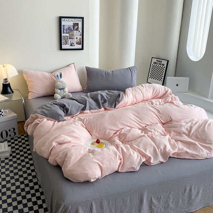 91家纺网 家纺一手货源 找家纺 南通菲度家纺 2025新款超柔皱皱水洗棉纯色四件套 浅粉灰