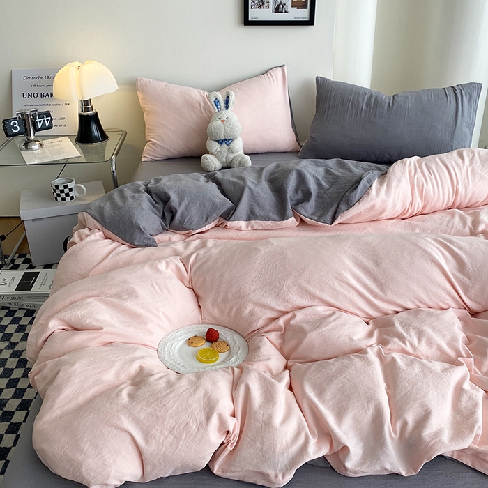 91家纺网 家纺一手货源 找家纺 南通菲度家纺 2025新款超柔皱皱水洗棉纯色四件套 浅粉灰