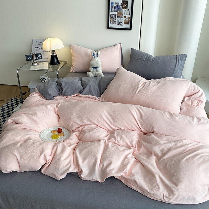 91家纺网 家纺一手货源 找家纺 南通菲度家纺 2025新款超柔皱皱水洗棉纯色四件套 浅粉灰