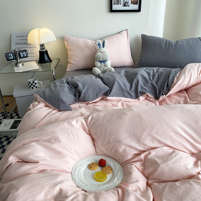 91家纺网 家纺一手货源 找家纺 南通菲度家纺 2025新款超柔皱皱水洗棉纯色四件套 浅粉灰