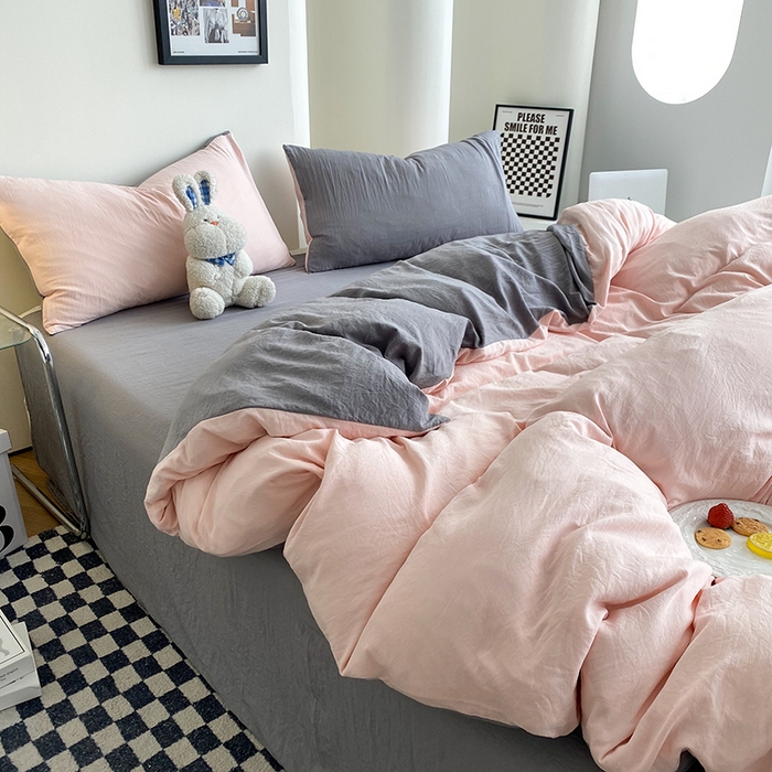 91家纺网 家纺一手货源 找家纺 南通菲度家纺 2025新款超柔皱皱水洗棉纯色四件套 浅粉灰