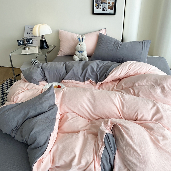 91家纺网 家纺一手货源 找家纺 南通菲度家纺 2025新款超柔皱皱水洗棉纯色四件套 浅粉灰