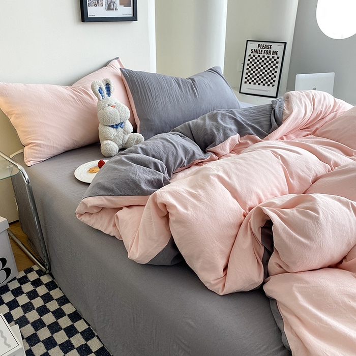 91家纺网 家纺一手货源 找家纺 南通菲度家纺 2025新款超柔皱皱水洗棉纯色四件套 浅粉灰