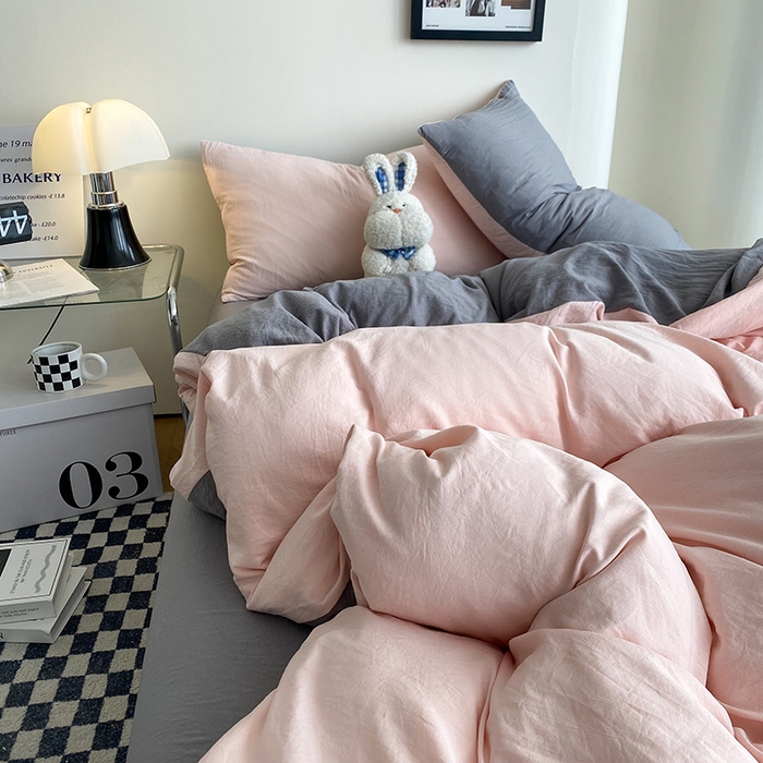 91家纺网 家纺一手货源 找家纺 南通菲度家纺 2025新款超柔皱皱水洗棉纯色四件套 浅粉灰