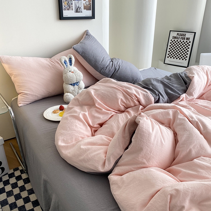 91家纺网 家纺一手货源 找家纺 南通菲度家纺 2025新款超柔皱皱水洗棉纯色四件套 浅粉灰