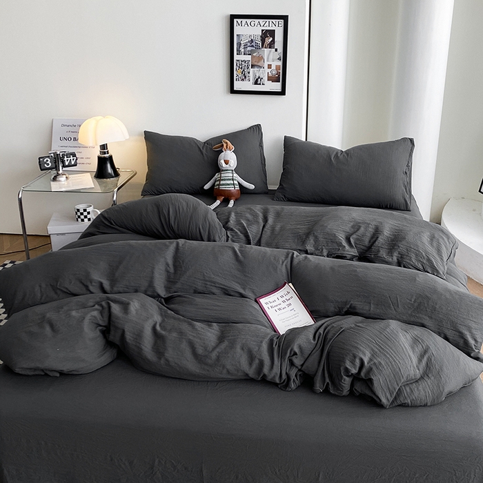 91家纺网 家纺一手货源 找家纺 南通菲度家纺 2025新款超柔皱皱水洗棉纯色四件套 深灰