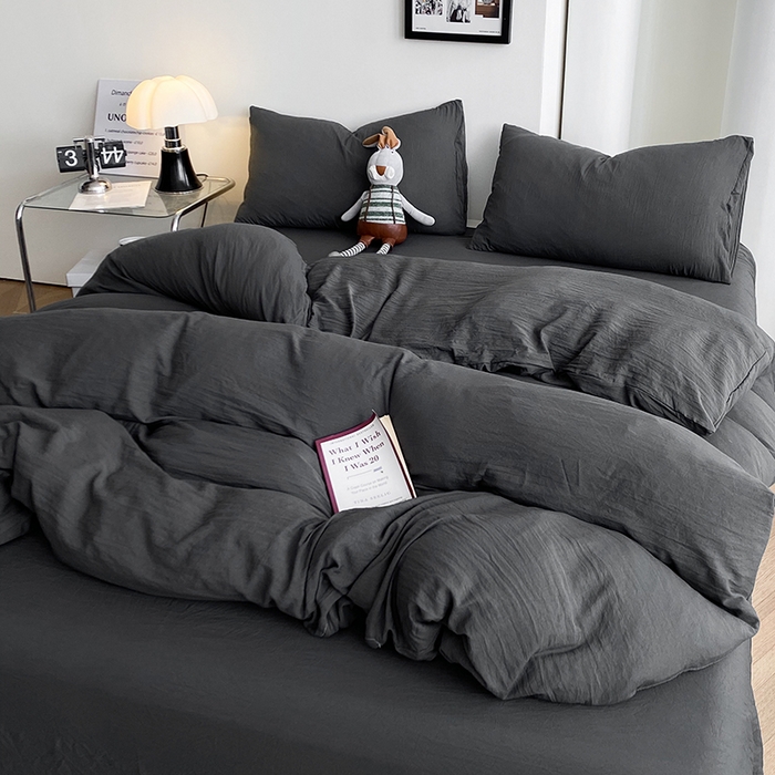 91家纺网 家纺一手货源 找家纺 南通菲度家纺 2025新款超柔皱皱水洗棉纯色四件套 深灰
