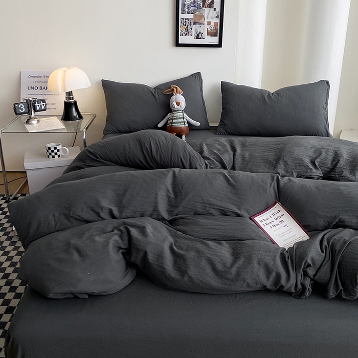 91家纺网 家纺一手货源 找家纺 南通菲度家纺 2025新款超柔皱皱水洗棉纯色四件套 深灰