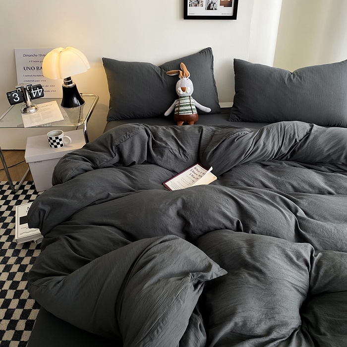 91家纺网 家纺一手货源 找家纺 南通菲度家纺 2025新款超柔皱皱水洗棉纯色四件套 深灰