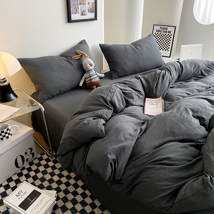 91家纺网 家纺一手货源 找家纺 南通菲度家纺 2025新款超柔皱皱水洗棉纯色四件套 深灰