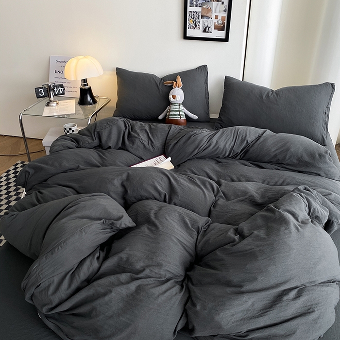 91家纺网 家纺一手货源 找家纺 南通菲度家纺 2025新款超柔皱皱水洗棉纯色四件套 深灰