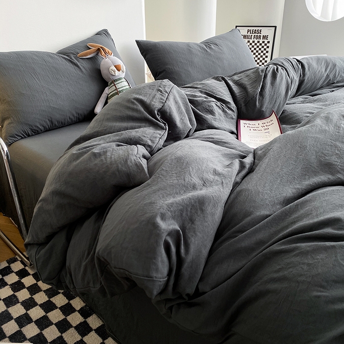 91家纺网 家纺一手货源 找家纺 南通菲度家纺 2025新款超柔皱皱水洗棉纯色四件套 深灰