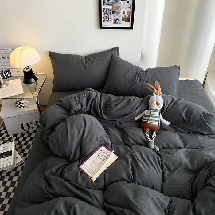 91家纺网 家纺一手货源 找家纺 南通菲度家纺 2025新款超柔皱皱水洗棉纯色四件套 深灰